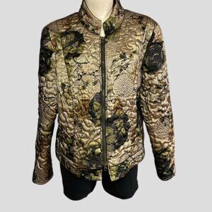 Joseph Ribkoff Quilted Padded Jacket Shimmer Gold/Green/Brown Floral, Sequins
